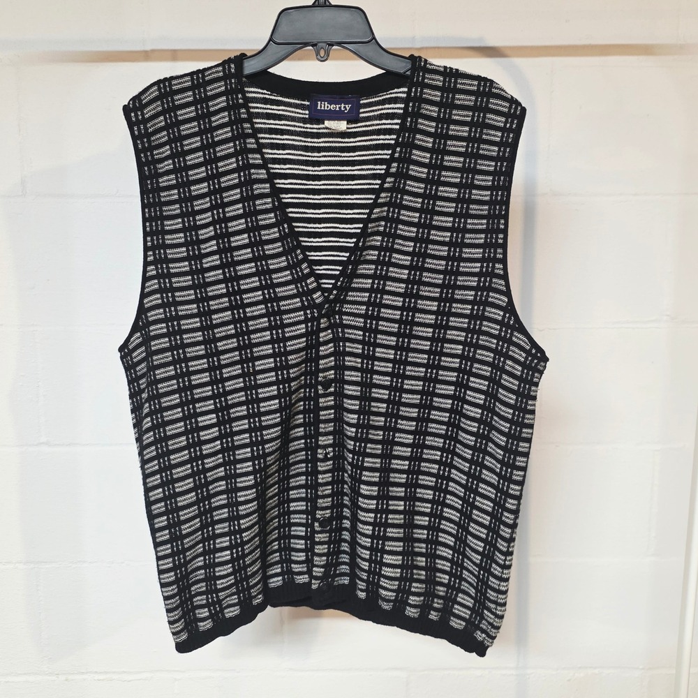Liberty Vintage Mens‎ L Knit Cardigan Vest Black White Geometric Grid USA Made
